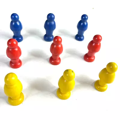 Vintage Wooden Game Tokens Pieces Movers 9 Lot Red Blue Yellow 2-Inch Crafting • $24.95