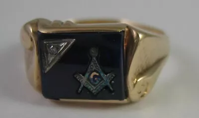 VINTAGE 10K GOLD MASONIC MASON RING W ONYX + DIAMOND - SIZE 13 1/2 - 5.8 GRAMS • $199.99