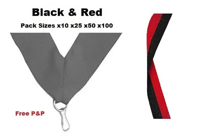 BLACK & RED MEDAL RIBBONS LANYARDS WITH CLIP 22mm WOVEN PACKS OF 10/25/50/100 • £2.49