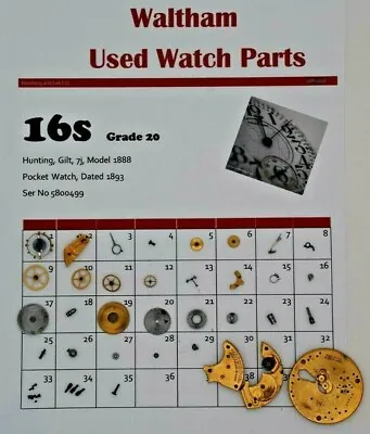 Waltham 16 Pocket Watch Parts Model 1888 Grade 20 Ser No 5800499  WP2/018 • £3.99