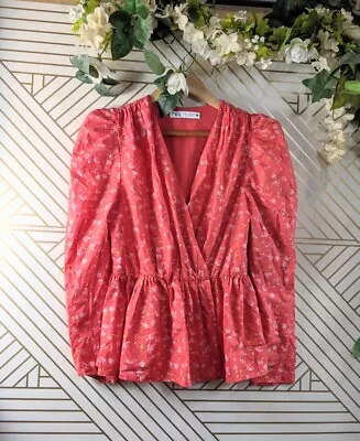 ZARA Women's Red Floral Print Top Blouse With Puff Shoulder Size XS • $14.99