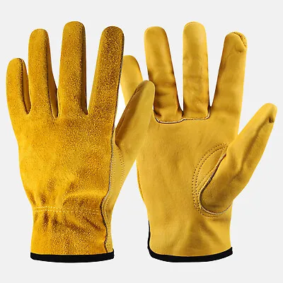 Leather Work Gloves Yellow Thorn Proof Men Protection Safety Gardening Glove  • £9.99