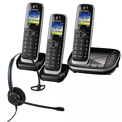 Cordless Phone W Corded Headset Panasonic KX-TGJ 3 Handset DECT Home Phone Black • £139.99