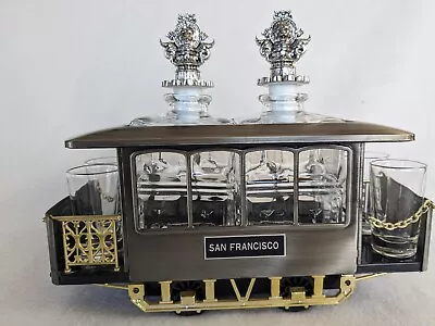 San Francisco Trolley Cable Car Music Box Liquor Decanter Set Shot Glasses Vtg • $55