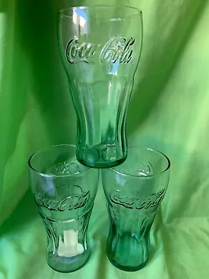 Three Assorted Vintage Large Green Coca-Cola Glasses 15.5cm X 8cm • $29.99