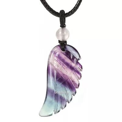 Natural Gemstone Carved Angel Wing Reiki Chakra 35mm Amulet Pendant Necklace 22  • £6.83