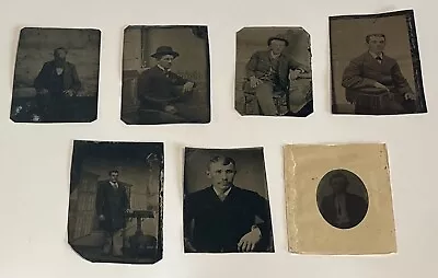 Vintage Tintypes Lot (7) Men/Boys; Gold/Chain/Buttons/Beard/Mustache/Paper Frame • $9.99