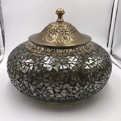 Mosaic Amber Glass Decorative Bowl Mosaic Cracked Glass With Lid 10” • $24.99