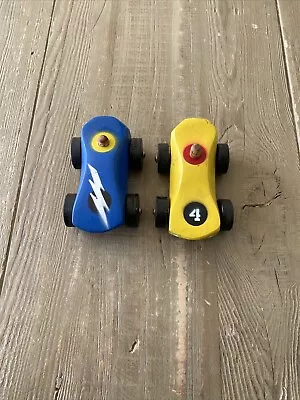 Vtg Lot 2 Unbranded Wooden Race Cars Racing Derby Car Yellow 4 & Blue Lightning • $25.99