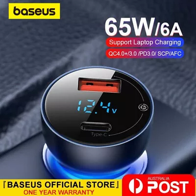 Baseus 65W Car Charger PD QC4.0 FAST Charge USB Type C Cigarette Lighter Adapter • $23.79