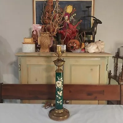 Vintage Green Glass Cylindrical Table Lamp Hand Painted Enamel Flower Brass • $42.50