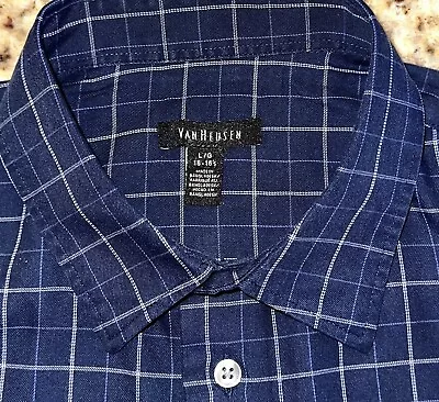 Van Heusen Men’s Navy Blue Classic Fit L/S Plaid Dress Shirt Size L (16-16.5) • $13