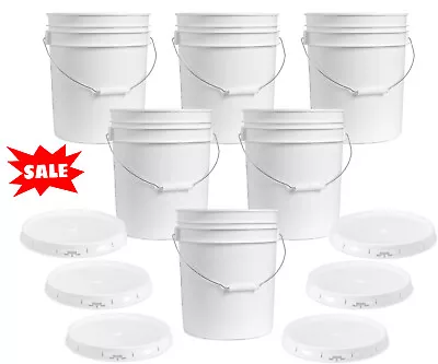 6 Pack 5 Gallon Buckets With Lid White BPA-Free Plastic Food Grade 90Mil Durable • $76.98