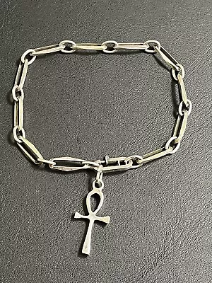 Vintage Signed 835 Silver Bracelet With Ankh Charm. 7.5”. 6.71 Grams • $18.44