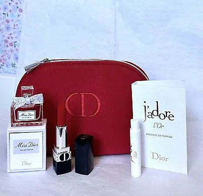 4PC DIOR Miss Dior Eau De Parfum 5ml/Rouge Dior Lipstick 999/Jadore L'or & Pouch • $49.99