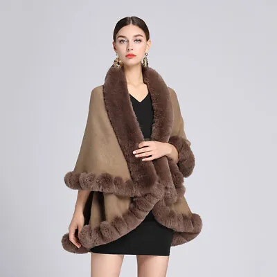 Faux Rabbit Fur Coat Cape Women Double Layer Knit Cardigan Fur Shawl Cloak Wraps • $46.99