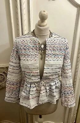 Zara Rainbow Tapestry Glitter Thread Peplum Boho Jacket M • £4.99