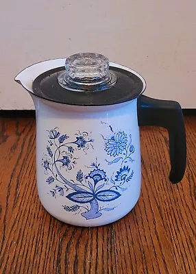 Vintage Blue Onion Coffee Pot Percolator - Enamel Maker Old White 4-5 Cups • $14.95