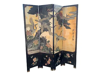 Vintage Oriental Double Side Gold  And Black Lacquer Room Divider Folding Screen • $650