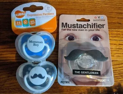 3 New Boys Mustache Momma's Boy Pacifiers Slant Orthodontic • $8.99