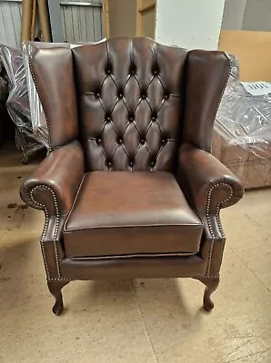 Express Delivery New Real Leather British Made Stocked Flat Wing Chair Brown • £499.95