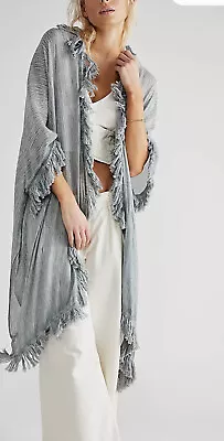 £64.42 • Buy Free People Sun Bleached Fringe Kimono Ruched Back Side Slits Blue Gray OS NEW