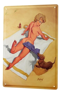 £10.80 • Buy Metal Plate Tin Sign Sexy Pinup Girl Nude On The Beach With A Dog 20x30 Vintage
