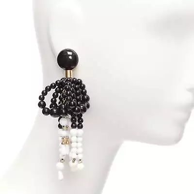 MARNI Black White Beads Drop Tassel Statement Dangling Clip On Earrings Pair • $268