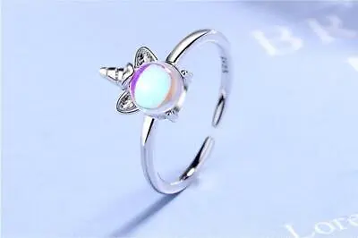 925 Unicorn Ring Sterling Silver Plated + Moonstone Girls Open Band Adjustable • £6.99