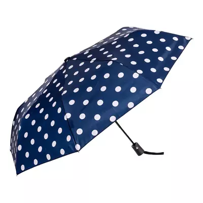 Clifton Compact Auto Open Polka Dots Navy And White Rain Umbrella • $24.95