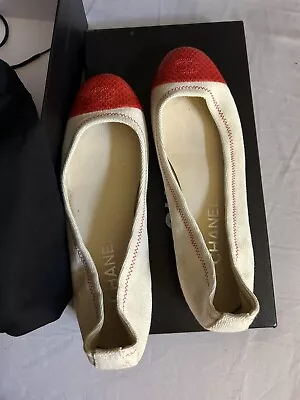 Genuine Chanel Ballet Flats Shoes Beige / Red Size 38 Uk 5 VGC Boxed • £250