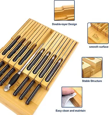 Bamboo In-Drawer Knife Block Kitchen Knife Drawer Organizer Without Knife 16Slot • $28.49