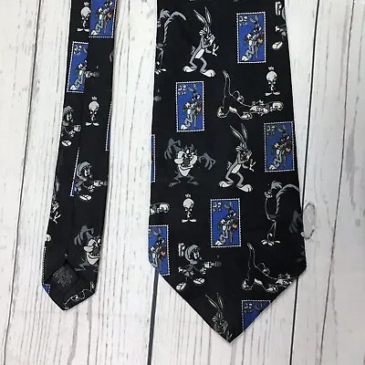 Vintage 1997 Looney Tunes Neck Tie Stamps Pattern Postal USPS Black USA • $10.80