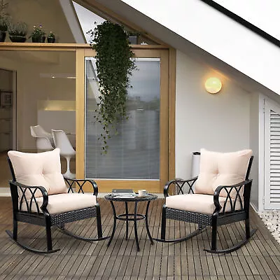 3-Piece Outdoor PE Rattan Wicker Patio Rocking Chairs & Side Table Khaki • $386.99