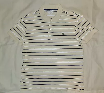 Men’s Lacoste Cream Striped Polo Shirt Size 4/Medium Great Condition • £15