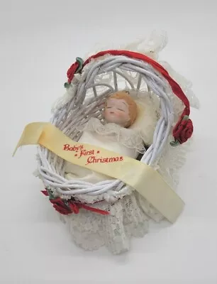 Rare Vintage Gorham Baby's First Christmas Ornament Wicker Basket Lace Painted • $9.99
