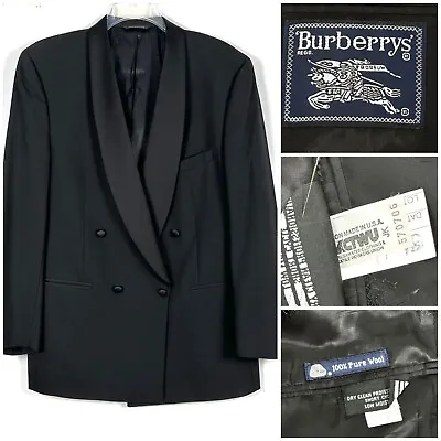 VTG BURBERRY Black Wool Double Breasted Pick Lapel Tuxedo Blazer 40R  • $250