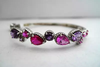 Vintage Sterling Silver Pink & Purple Faceted Gemstone Hard Bangle Bracelet 925 • $72