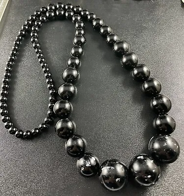 Vintage Massive 1” Round Heavy Black Marbled Lucite Graduated Necklace 46” • $4.99