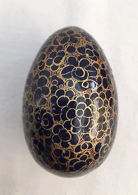 Vintage Hand Painted Egg Enameled Wood Midnight Blue & Gold Floral 3.25  • $22.95