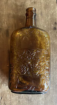 Vintage Whiskey Flask Amber Floral Embossed. Full Pint. Excellent Condition. • $15