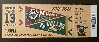 Minnesota Wild 3/13/2012 NHL Ticket Stub Vs Dallas Stars • $6.95