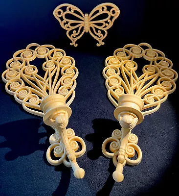 VTG Pair Of Burwood 18” Cream Wall Sconces Candle Holders Butterfly MCM Garden • £18.34