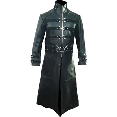 Mens Real Black Leather Goth Matrix Trench Coat Steampunk Gothic Van Helsing • $145.46