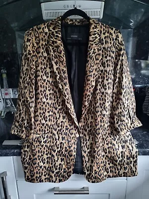 Zara Leopard Print Satin Open Boyfriend Style Blazer Jacket Size L - 3/4 Sleeve • £39