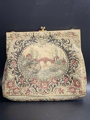 Vintage French Walborg Scenic Tapestry Purse Chain Strap Ball Kiss Closure Read • $18.35