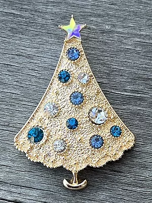 Vintage Christmas Tree Aqua Blue Crystal Rhinestone Brooch Pin Glass Gold Tone • $10.99