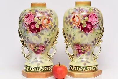 Antique Large Pair Of Vases Urns Hand Painted Flower Roses 35.5 Cm • £99