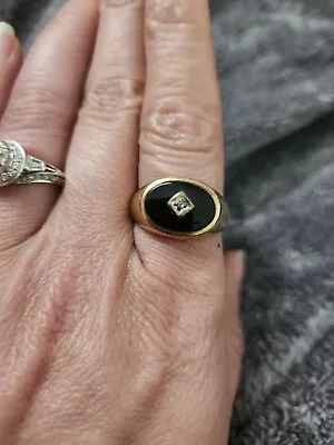 Vintage Black Onyx Diamond Signet Ring 10k Yellow Gold Sz 10 Mens/Womens/unisex • $217