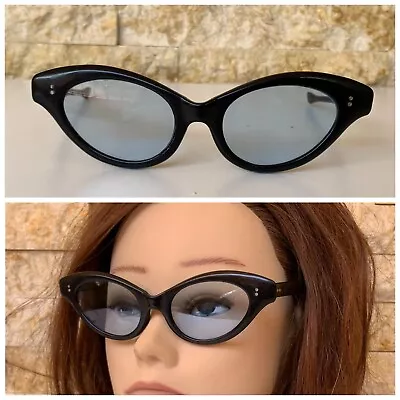 Vintage Cateye 1950s Sunglasses Black Blue 1960s Ladies French Made Unused Stock • $200